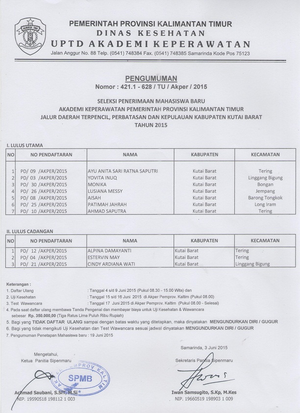 Pengumuman hasil lulus uji berkas jalur DTPK 2015/2016